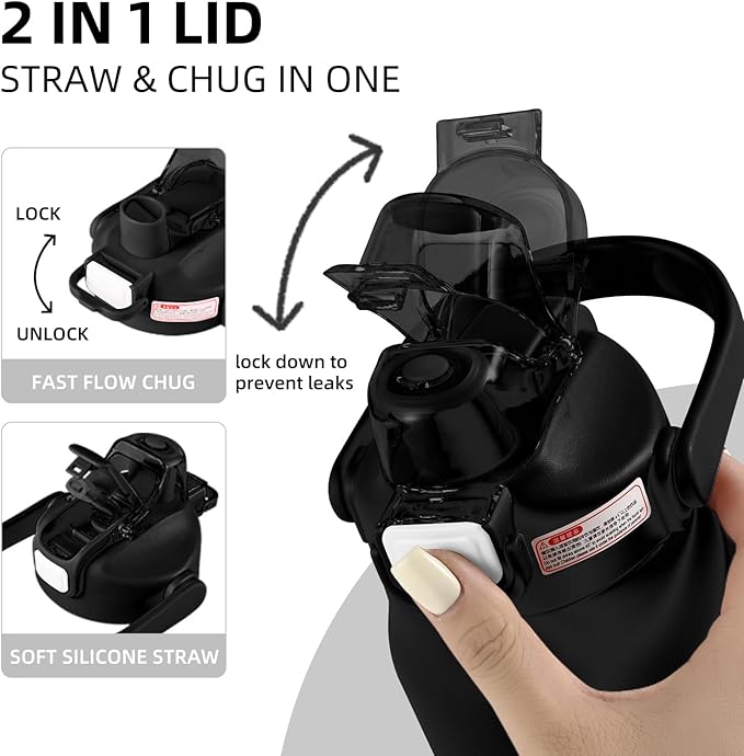 ColorSub 50oz Insulated Water Bottle With 2-in-1 Straw and Chug Leakproof Lid, BPA Free Stainless Steel Wide Mouth Sports Water Cup Flask Black