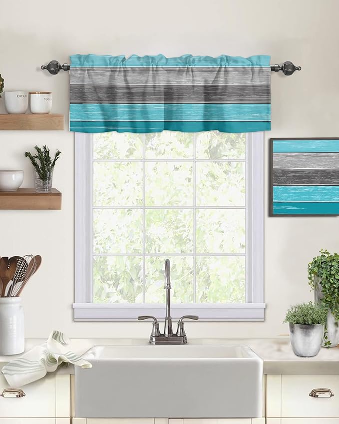 Farmhouse Kitchen Curtains Valances for Windows , Aqua Blue Gray Rod Pocket Country Window Treatment for Kitchen /Living Room/Bedroom/ Bathroom,42" X 18" -1 Panel, Retro Rustic Barn Wood Texture