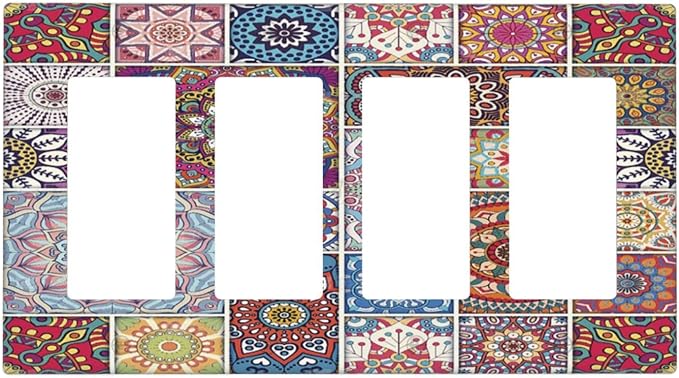 Morocco Talavera Mexican Tiles Printed Colroful Mandala 4 Gang Rocker Decora Light Switch Cover Outlet Covers Wall Plate Decorative Switchplate Electrical Faceplate GFCI for Kitchen Bathroom Decor