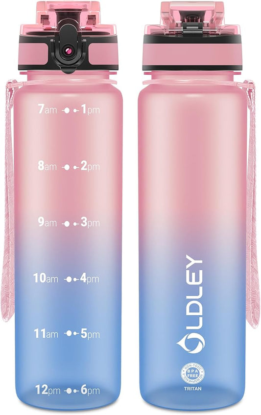 OLDLEY 32 oz Water Bottle, Motivational Water Bottle with Time Marker, Sports Water Bottle With Strap, Leakproof & BPA Free Large Water Bottles for School, Gym, Travel, Outdoor, Tritan,Pink&Blue