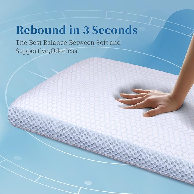 QUTOOL Memory Foam Pillows 2 Pack, Ventilated Bed Pillow with Cooling Washable Cover, Cervical Contour Pillow for Side Back Sleeper, Blue White