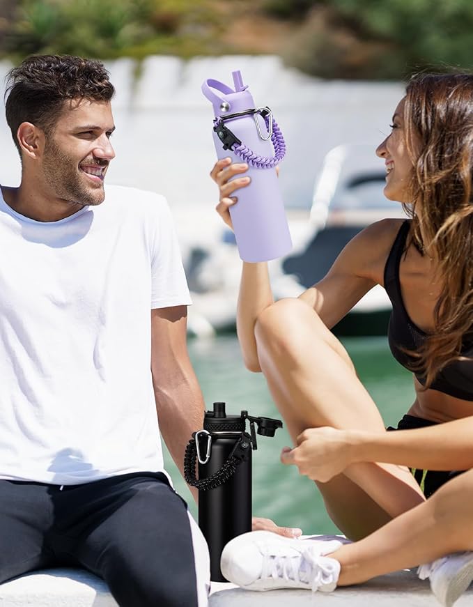 Insulated Water Bottle 40oz - with Straw & Auto Spout Lid, Paracord Handle, Shoulder Carrier Bag,40 oz Hydro Jug Great for Sport Travel Gym Hiking Biking