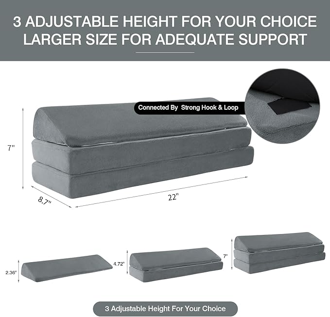 BALAPET 3-in-1 Adjustable Height Wedge Pillow, 7" Height Leg Knee Pillow for Side Sleepers & Aligns Spine, Supportive Bolster Pillow for Pregnancy Relieves Pressure Hip Leg Elevation, 22', Light Grey