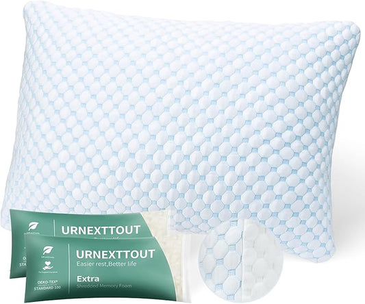 Shredded Memory Foam Pillows Pillow for Side Sleepers Cooling Pillows Stomach Sleeping Pillow Queen Pillow with 2 Extra FillBlue