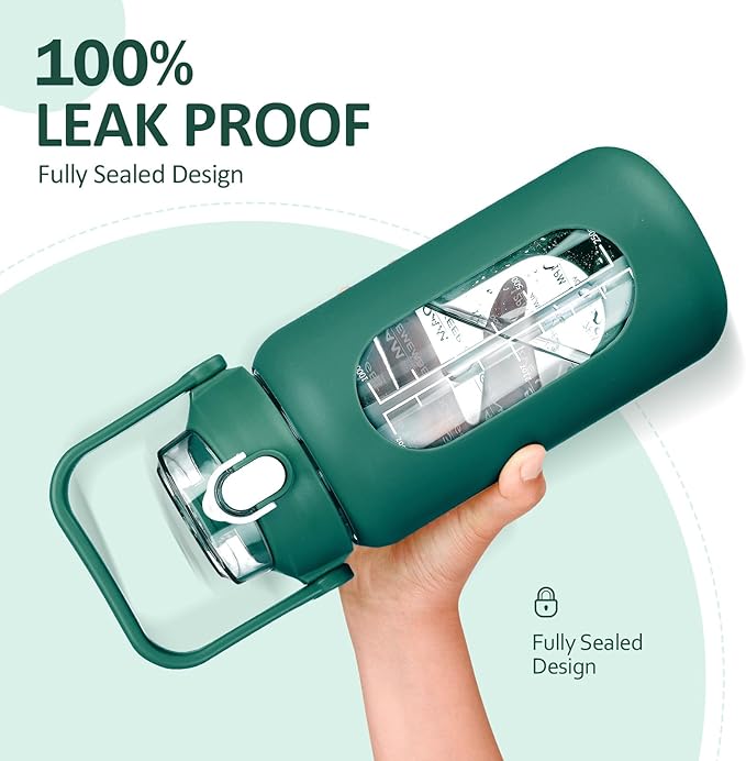 kytffu 42oz Glass Water Bottles with Straw, Motivational Glass Bottle with Silicone Sleeve and Time Marker, Leakproof Large Glass Water Jug for Gym Home Office, Ink green