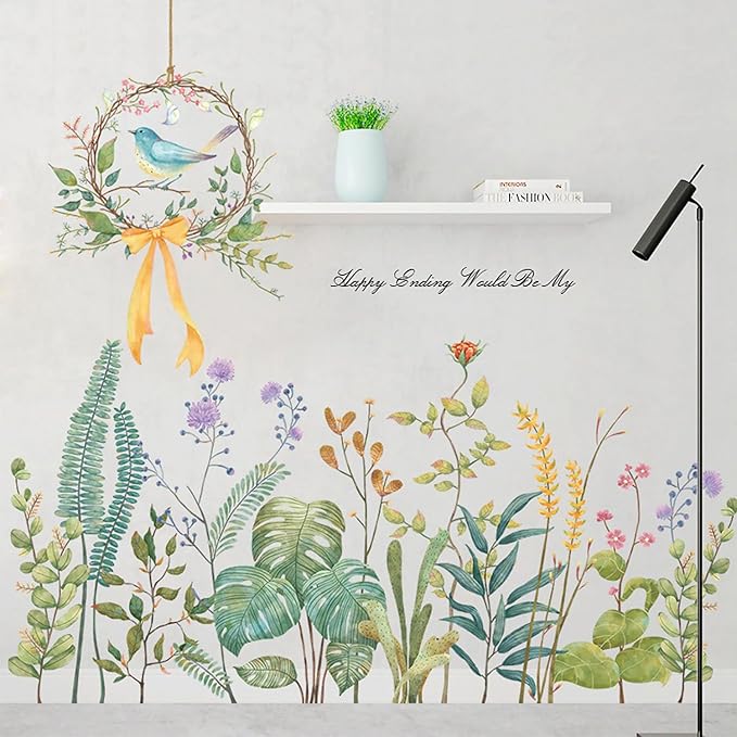 Tropical Green Plants Wall Decals Flowers Wall Corner Stickers Garden Floral Bird's nest Baseboard Skirting Line Wall Stickers for Baby Kids Girls Bedroom Living Room Corners Skirting Lines