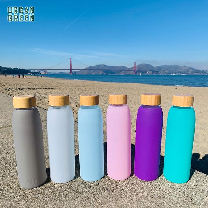 Urban Green Glass Water Bottle with Protective Silicone Sleeve and Bamboo Lid, 18oz, 1extra 304 Stainless Steel Lid with Handle, BPA Free, Dishwasher Safe, Gift Box, Mother's Day Gift