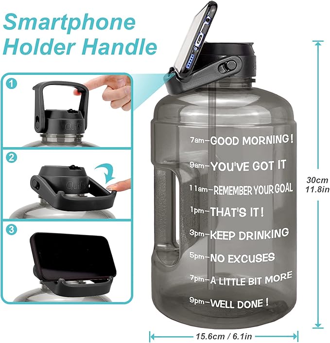 QuiFit 1 Gallon Water Bottle - with Straw & Motivational Time Marker Leak-Proof BPA Free Reusable Gym Sports Outdoor Large(128OZ) Capacity Water Jug(Grey,1 Gallon)