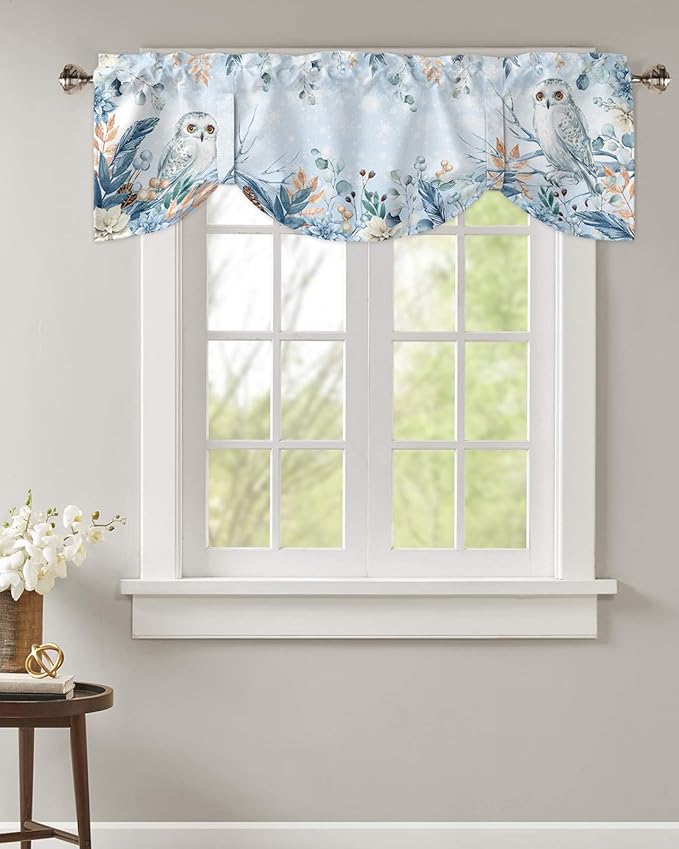 Blue Christmas Blackout Tie Up Valance Curtains for Kitchen Windows Winter Snowy Owl Poinsettia Eucalyptus Leaves Window Toppers Balloon Shades for Living Room/Bathroom/Bedroom,1 Panel, 42" X 12",