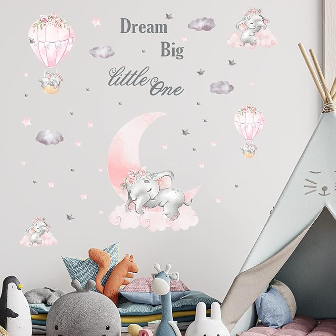 Dream Big Little One Elephant Wall Stickers - Pink & Gray Design, 110cm x 43.3in