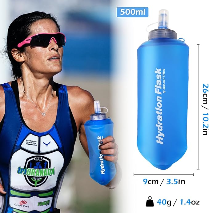 TRIWONDER TPU Soft Folding Water Bottles BPA-Free Collapsible Flask for Hydration Pack - Ideal for Running Hiking Cycling Climbing (500ml/16.9oz - Blue - Pack of 2)