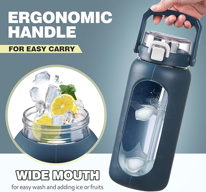 BLUEGO 64oz Glass Water Bottle with Handle and Straw, Motivational Sports Water Bottle with Time Marker and Silicone Sleeve Leakproof Drinking Bottle for Travel Gym Workout, Dark Blue