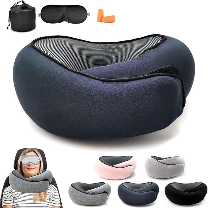 2024 Memory Foam Neck Pillow 360 Degree Neck Support Travel Pillows for Airplanes and Long Flight Travel Neck Pillow (Navy Blue)
