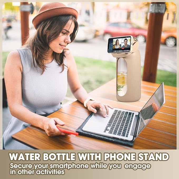 Glass Water Bottles 64 oz - Large Half Gallon Motivational Water Bottle with Time Marker Straw Phone Holder Handle, 64oz Daily Water Intake Jug with Silicone Sleeve for Office Work Gym Sandy Beige