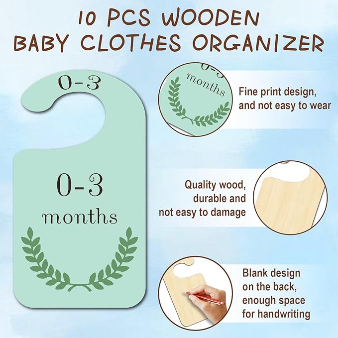CRASPIRE 10Pcs Leaf Wood Baby Wardrobe Dividers Plant Clothes Size Dividers Closet Organizers Nursery Decor from Newborn to 36 Month Hanger Baby Infant Wardrobe Divider for Newborn Baby Shower