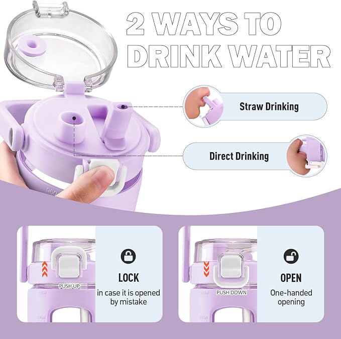 BLUEGO 32oz Glass Water Bottle with Handle and Straw|Leakproof Sports Glass Bottle with Time Marker and Silicone Sleeve|Glass Drinking Bottle for Travel, Gym, Workout, Purple