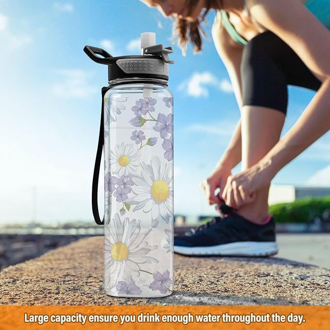 Kigai Daisy Flower Clear Water Bottle with Straw Lid, BPA-Free Leakproof Sport Water Bottle 32oz Large Gym Water Jug for Men Women Travel Fitness Outdoor