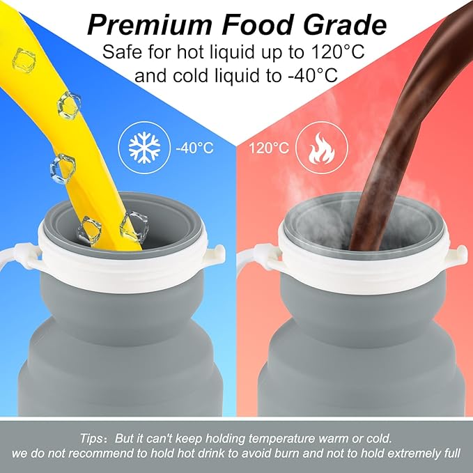 THAIOXYH® Collapsible Water Bottles 11 oz（320ml） Reuseable Foldable Portable BPA Free Silicone Collapsible Water Bottles for Traveling Hiking Camping Sports (grey)…