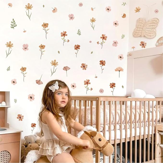 Small Flowers Wall Sticker Boho Floral Leaf Wall Decal Watercolor Botanical Leaves Wall Decals Plants Flowers Wall Stickers Removable Retro Floral Wall Decals for Nursery Bedroom Decor