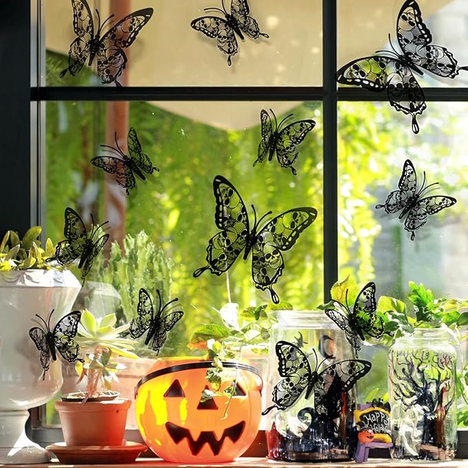 Halloween Wall Decor 3D Skull Butterfly Wall Stickers Halloween Decorations Black Skeleton Butterfly Wall Decals Removable Skull Stickers for Gothic Home Decor Bedroom Room Window Supplies 12Pcs
