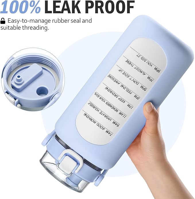 BLUEGO 64oz Insulated Water Bottle with Straw and Handle Leakproof Half Gallon Wide Mouth Motivational Water Bottle, 2-IN-1 Straw Spout Lid Stainless Steel Water Jug for Sport Travel Gym-Light Blue