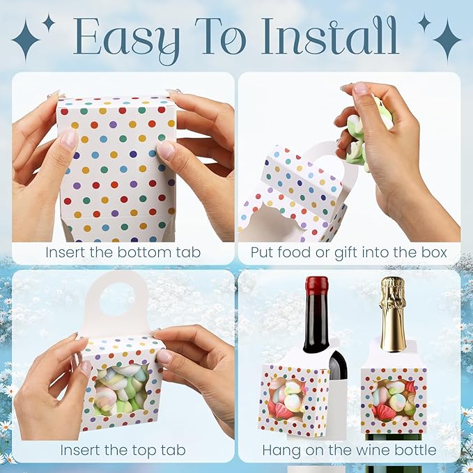 ISKYBOB 20PCS Wine Bottle Box with Window, Kraft Paper Wine Boxes for Gifts Hanging Treat Box Mini Charcuterie Candy Boxes Wine Champagne Bottles Gift Box Goodie Bags for Birthday Party, Colorful Dots