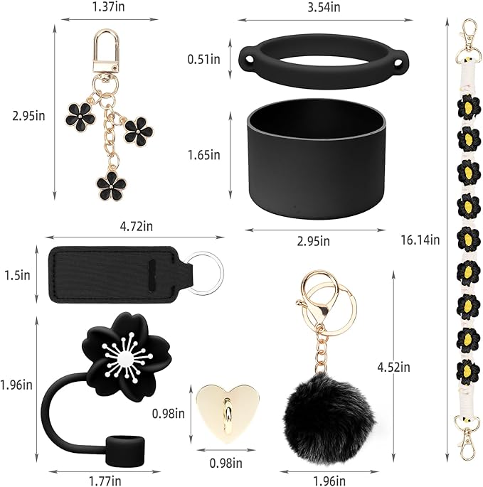 Stanley Cup Accessories Set Including 1 Pcs Water Bottle Handle Strap, 1 Pcs Siliocne Straw Cover, 1 Pcs Siliocne Stanley Cup Boot, 3 Pcs Stanley Charms for Stanley Cup 40oz & 30oz Tumbler - Black