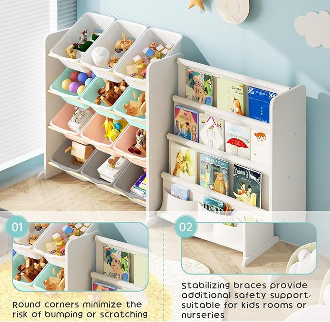Kids Toy Storage Organizer - Toy Organizer with Kids Bookshelf, Toy Storage with 12 Toy Multi-color Bins and 4 Book Shelves, Toy Organizers and Storage for Playroom, Nursery, Kids Room, White