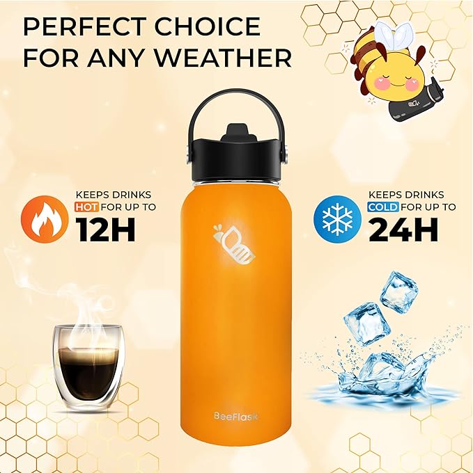 Sports Water Bottle - 32 Oz, 3 Lids (With straw), 50 Cute Stickers, Vacuum Insulated, 308 Stainless Steel, with a Portion of Sales Supporting Bee Conservation Efforts (Orange)