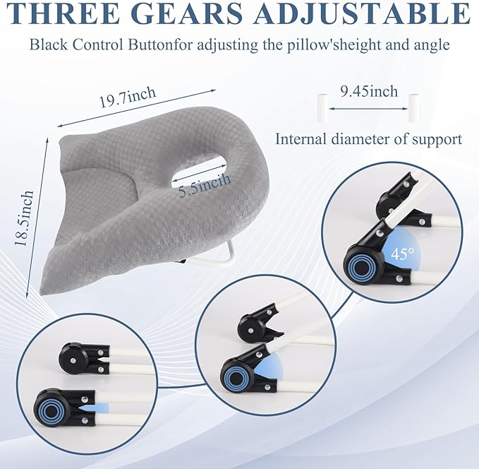 Newly Upgraded Face Down Pillow After Eye Surgery, Prone Pillow with Arm Hole for Face Down Sleeping, Retina and Vitrectomy Lying Pillow, Post Eye Surgery Recovery (Light Grey)