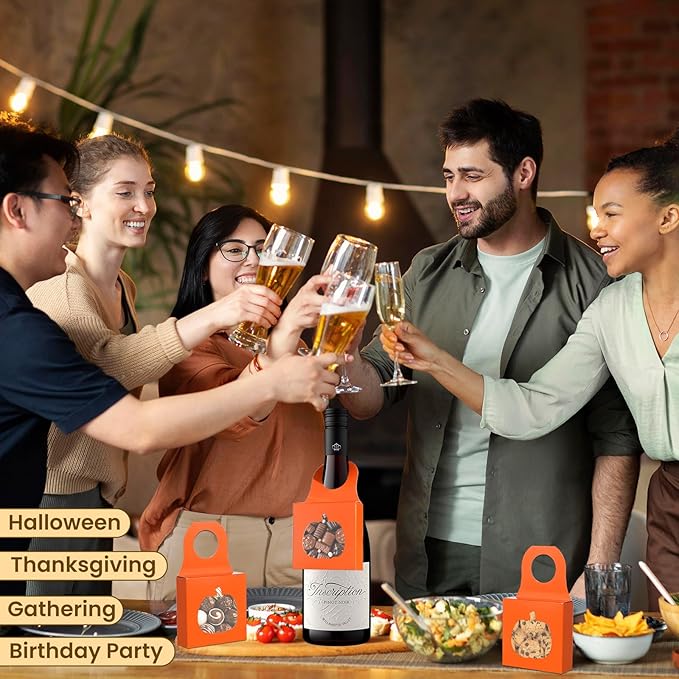 Megitzuu 30PCS Wine Bottle Box with Window, Kraft Paper Wine Boxes for Halloween Gifts Hanging Pumpkin Treat Box Mini Charcuterie Boxes Wine Bottles Gift Bags Goodies Candy Box Party Favor (Orange)