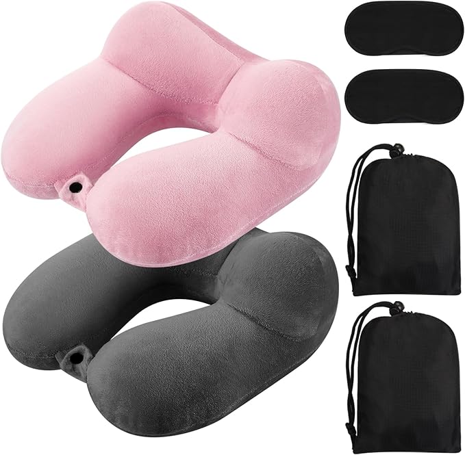 Sintuff 2 Pack Inflatable Travel Pillow for Airplanes Inflatable Neck Pillows with Compact Bag and Blindfold Soft Flight Pillow for Traveling, Airplane, Train, Car, Office(Dark Gray and Light Pink)