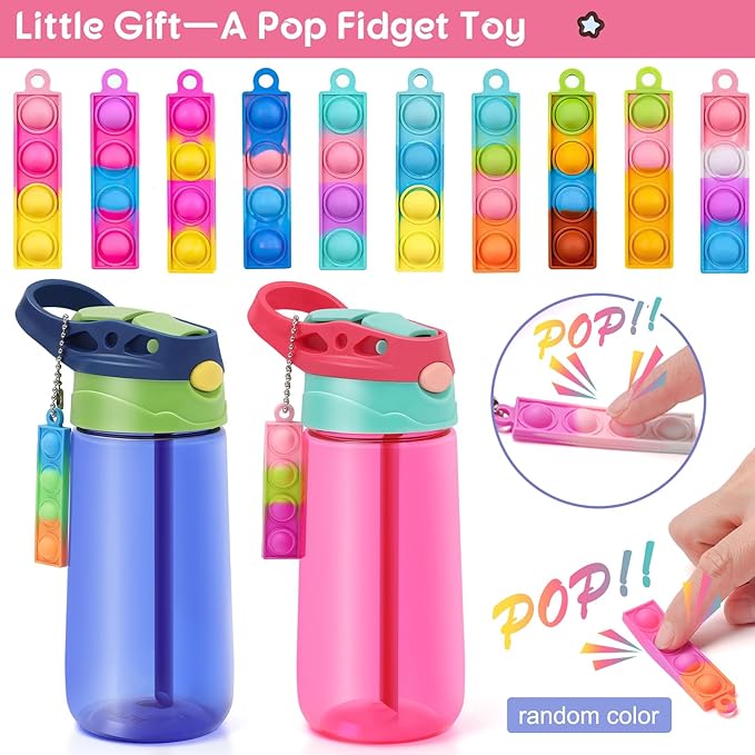 Kids Water Bottle for School 16 OZ Water Bottle with Straw BPA-Free Reusable Leak-proof Water Bottles with One-handed Opening Straw Lids, Anti-dust Spout Cover (PINK)