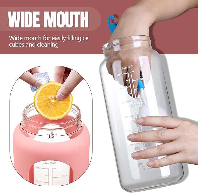 MUKOKO 64oz Glass Water Bottles with Straw, Half Gallon Water Bottle with Time Marker, Motivational Water Bottle with Silicone Sleeves,Large Glass Water Bottle for Gym,Working,Outdoor,Pink