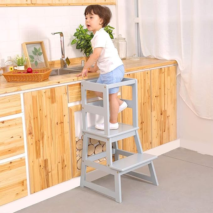SDADI Kids Kitchen Step Stool Holds up to 150 Pounds with Safety Rail, Wide Platform Design, 4 Anti Slip Strips for 18 to 36 Months Old, Gray