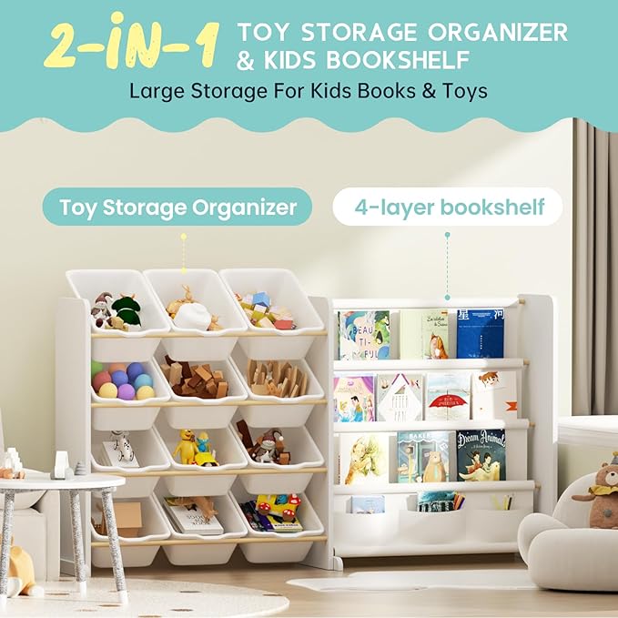 Kids Toy Storage Organizer - Toy Organizer with Kids Bookshelf, Toy Storage with 12 White Toy Bins and 4 Book Shelves, Toy Organizers and Storage for Playroom, Nursery, Kids Room, White