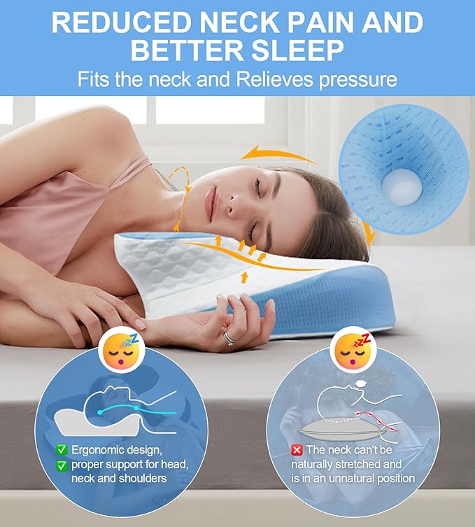 Bed Sleep Contour Memory Foam Pillow, Cervical Pillow for Neck and Shoulder, Ergonomic Neck Support Pillow for Side Back Stomach Sleepers with Pillowcase (Blue)