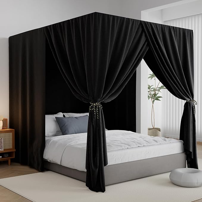 Black Canopy Bed Curtains - 4 Corner Post Bed Curtains Queen Lightproof Drapes Bed Canopy Curtains with Tie Backs for Adults & Girls Bedroom Decoration(Black,Queen)