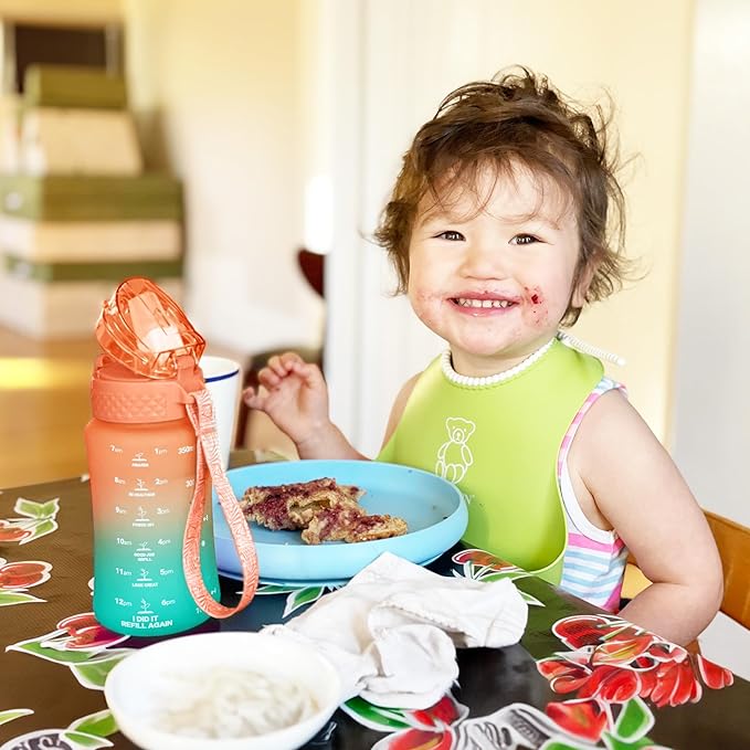 OLDLEY Kids Water Bottle for School, 12 oz (2 lids) BPA-Free Reusable Leak-proof Durable Tritan Plastic Water Bottles with Straw & Chug Lids, Anti-dust Spout Cover (Sunflower)