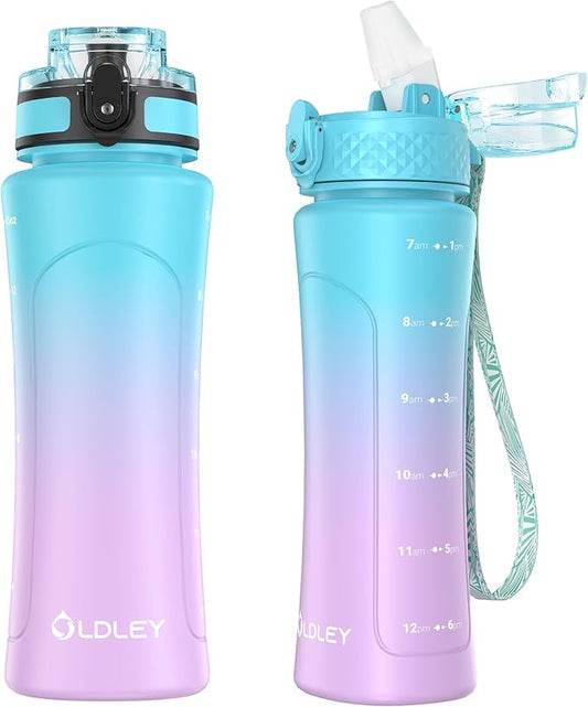 OLDLEY Kids Water Bottle for School with Straw Chug Lid, 15 oz Unbreakable Leak-Proof BPA-Free Motivational Water Bottles with Time Marker for Travel Sports Gym, Blue Purple