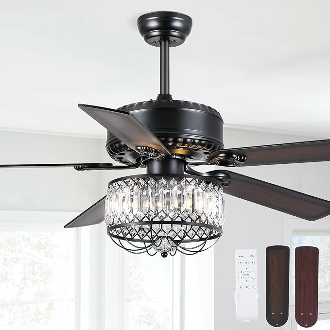 Chandelier Ceiling Fans with Lights - 52 Inch Modern Farmhouse Fandelier Ceiling Fan with Remote, Crystal Ceiling Fan Light for Bedroom Living Dining Room, Dual Finish Wooden Blades, Black
