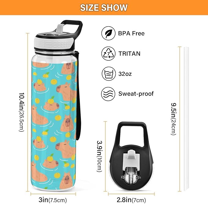 Cute Capybaras Water Bottle with Straw Lemon Sports Bottles BPA-Free Tritan Water Jug with Carrying Strap for Gym Office Outdoor Sports