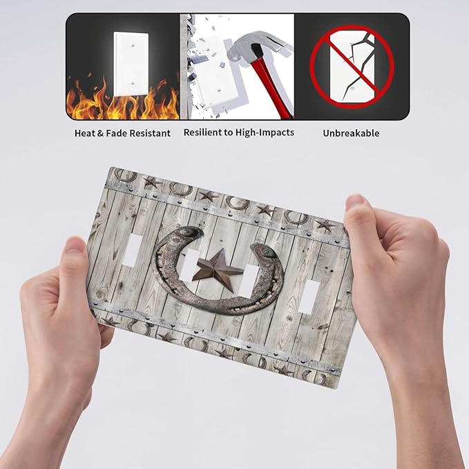 Rustic Western Wood Barn Door Horseshoe Iron Star Quad Toggle Light Switch Covers 4 Gang Wall Plate Decorative Switchplate Electrical Faceplate for Farmhouse Country Bedroom Decor