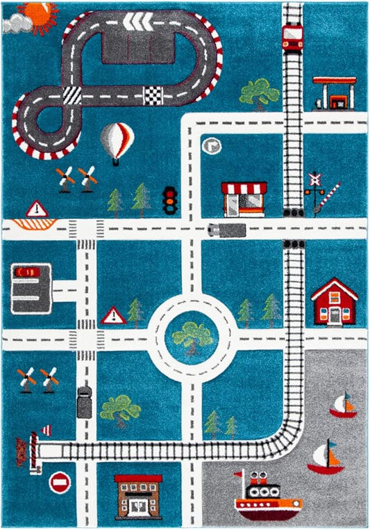 SAFAVIEH Carousel Kids Collection Area Rug - 9' x 12', Turquoise & Ivory, Non-Shedding & Easy Care, Ideal for High Traffic Areas for Boys & Girls in Playroom, Nursery, Bedroom (CRK192K)