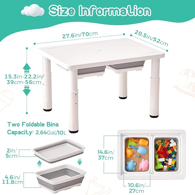 FUNLIO Wooden Sensory Table with 2 Bins for Toddlers 1-5, 4-Level Height Adjustable Kids Sensory Table with Anti-Warping Plywood Lid, Indoor/Outdoor Play Sand and Water Table, CPC Certified, White