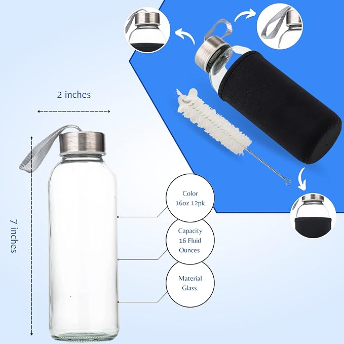 SureSave Glass Water Bottles with Stainless Steel Lids and Sleeves | 16 Oz Reusable Glass Bottles with Carrying Loop for Eco-Friendly Travel Drinks and Beverages (6 Pack)