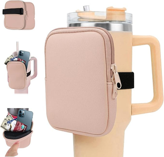Water Bottle Pouch for Stanley Quencher Adventure 40oz & Stanley IceFlow 20oz 30oz, Gym Water Bottle Pouch for Stanley Cup 40oz,Workout Outdoor Tumbler Pocket for Phone, Card, Keys (Pink)