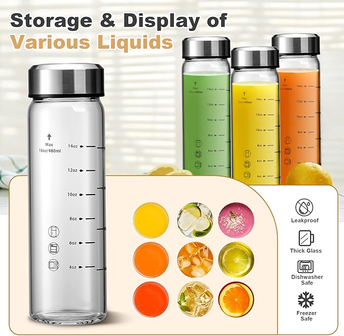 SIEROZUR Juice Bottles - 6 Pack Wide Mouth Glass Bottles with Lids - for Juicing, Smoothies, Infused Water, Beverage Storage - 16oz, BPA Free, Stainless Steel Lids, Leakproof, Reusable, Borosilicate