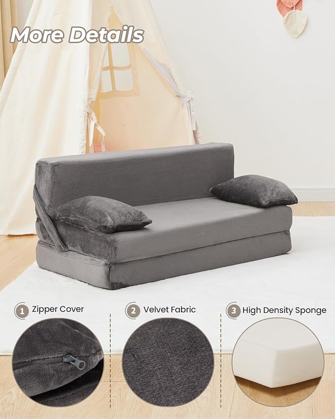 Weighted Idea 2-in-1 Kids Sofa Couch Fold Out for Girls and Boys, Folding Toddler Chairs Comfy Children Couch Baby Recliner, Convertible Sofa to Lounger for Reading Sleeping (Grey, 30x18x16 inches)