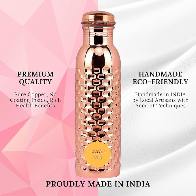 Pure Copper Metal Water Bottle - 32 oz - Indian Handmade Ayurveda Healing Drinking Water Bottle for Travel, Hiking, Gym, Office, Outdoor - Glossy Brick